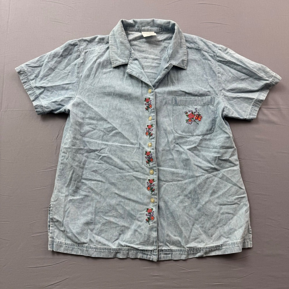 Style Studio Womens Blue Cotton Embroidered Floral Butterfly Button Up Shirt M